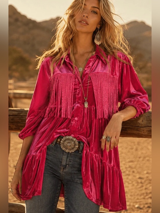 Boho Tops - Boho NWT Festival Fringe Detail velvet Button-Front Women's Top size S-M-L